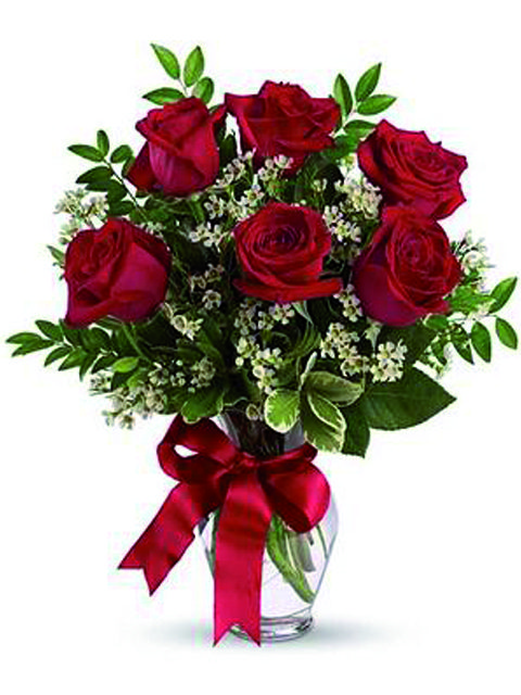 Bouquet di 6 rose rosse, un omaggio floreale a domicilio.